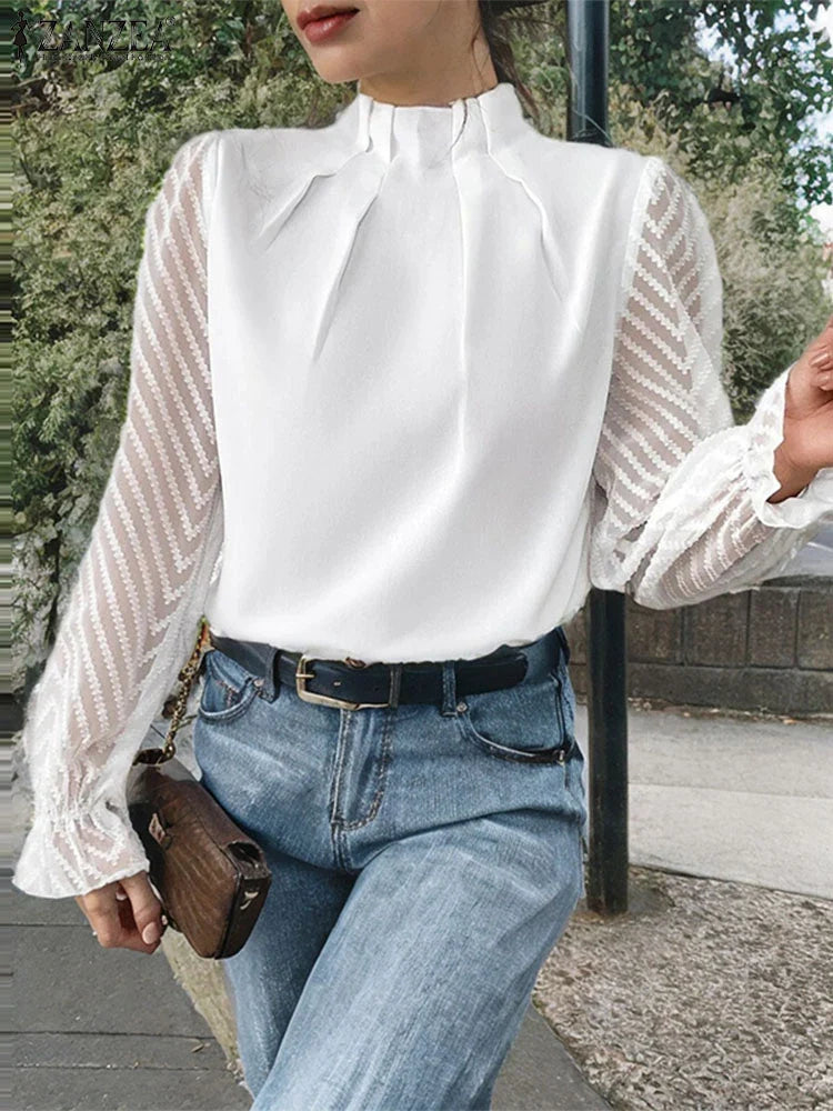 Dot Pleated Mock Neck Long Sleeve Blouse