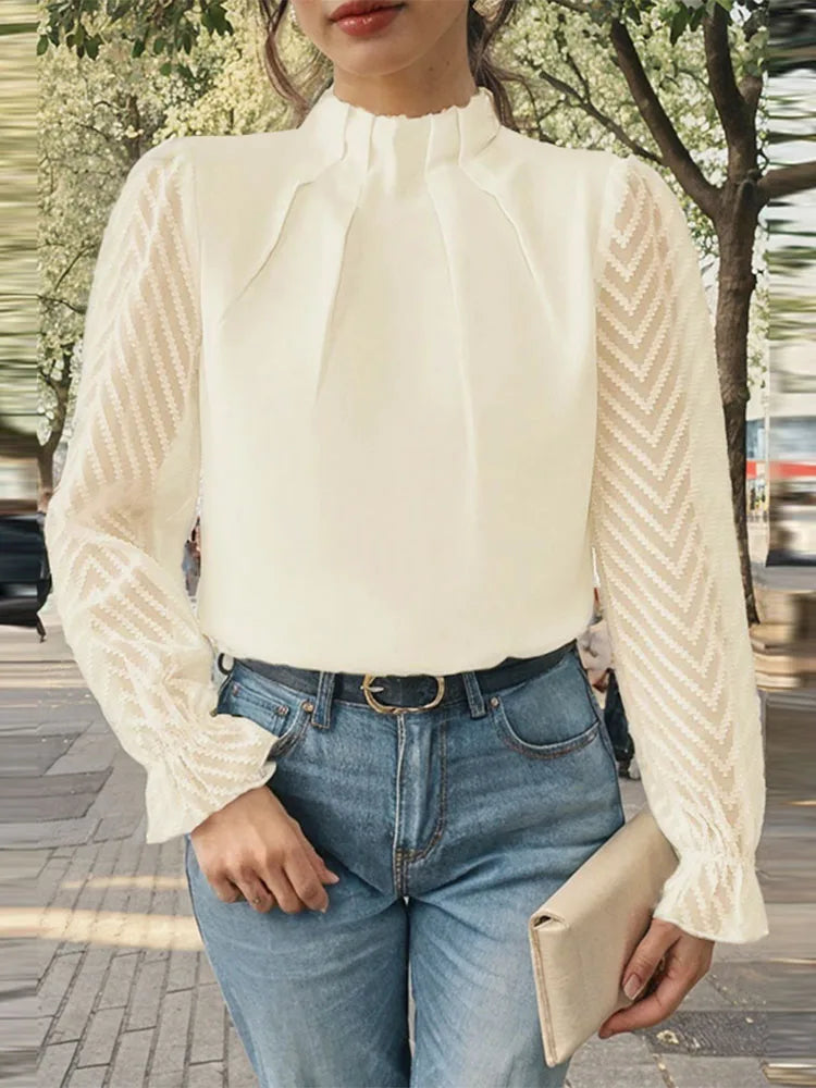 Dot Pleated Mock Neck Long Sleeve Blouse