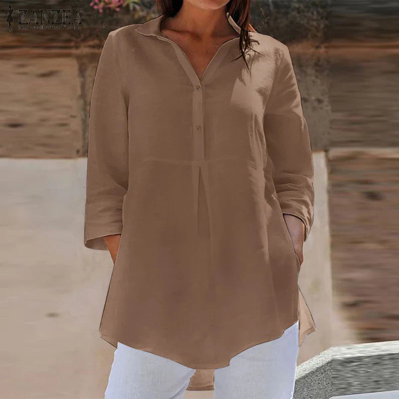 Lapel Neck 3/4 Sleeve Casual Loose Button Blouse