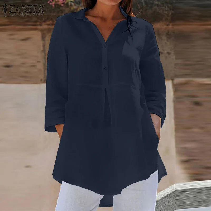 Lapel Neck 3/4 Sleeve Casual Loose Button Blouse