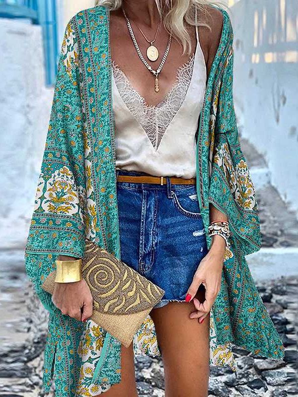Cardigan Open Front Bohemian Floral Printed Blouse 6