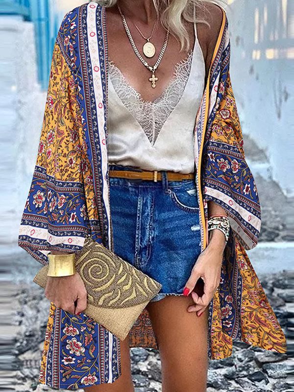 Cardigan Open Front Bohemian Floral Printed Blouse 10