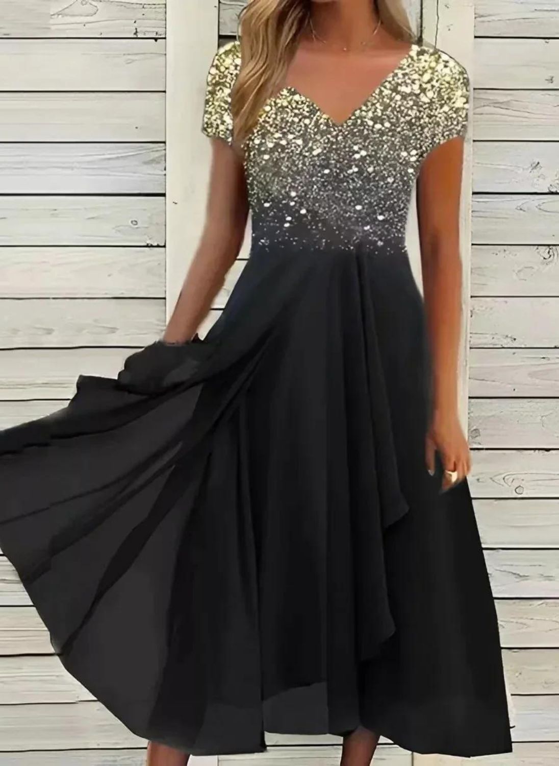 V-Neck Cap Sleeve Tiered Chiffon Handkerchief Hem Maxi Dress - View 3