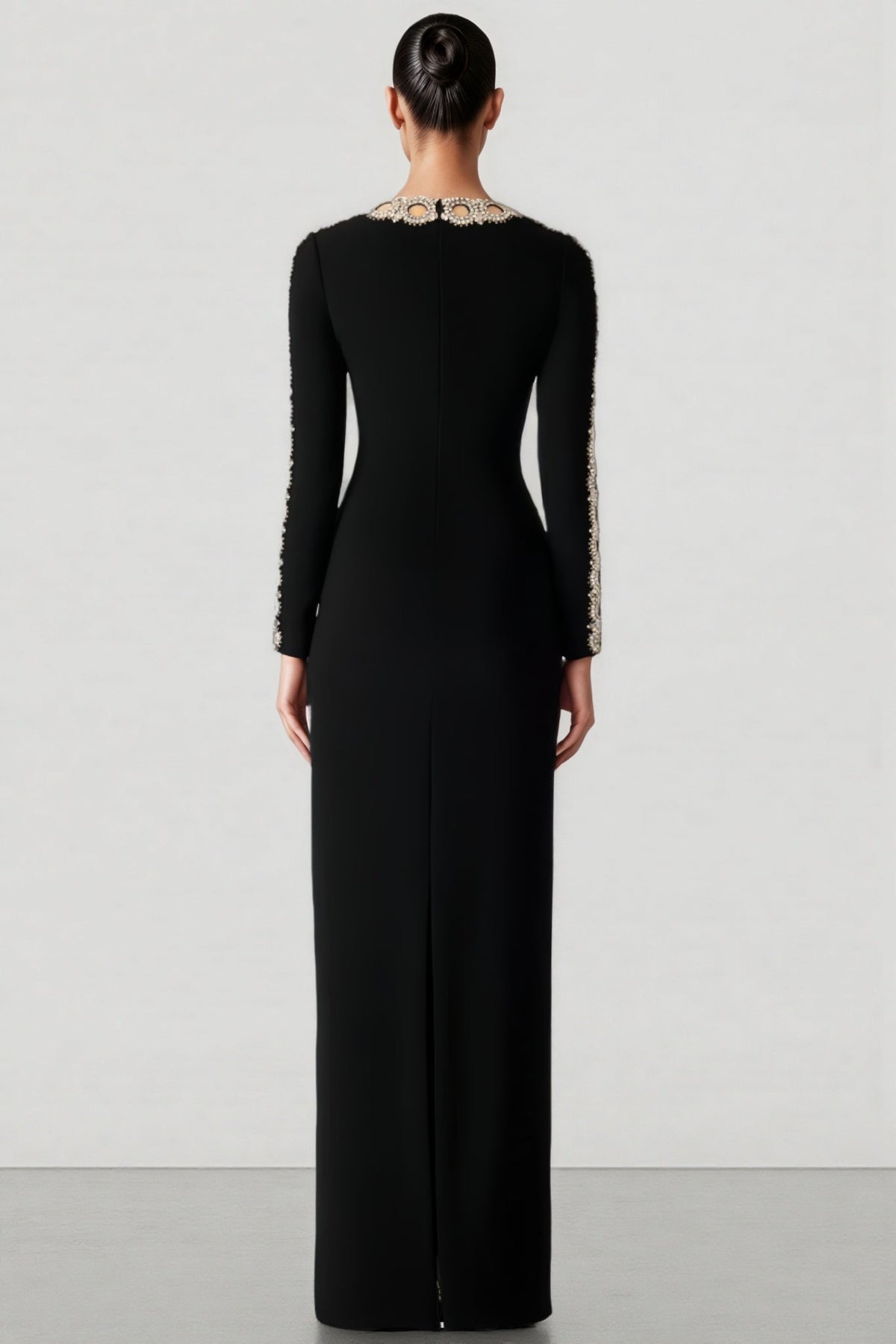 Metallic Openwork Collar Long Sleeve Column Maxi Gown - View 3