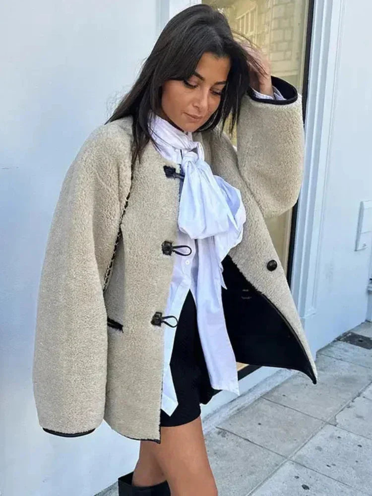 Faux Wool Loose Retro O-neck Overcoat