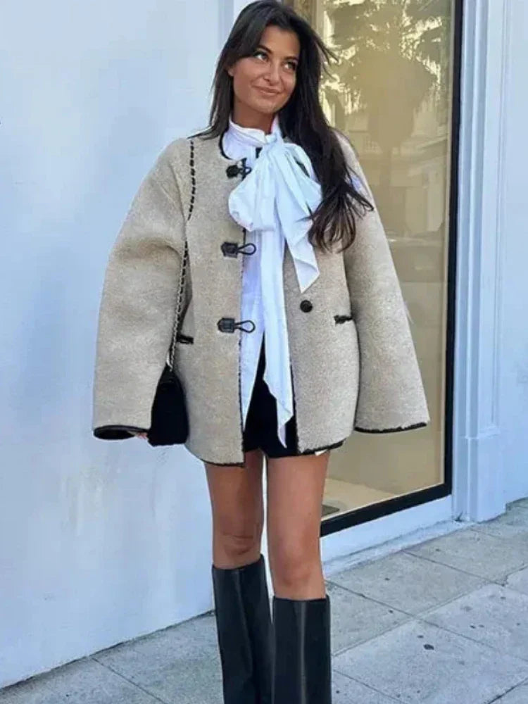 Faux Wool Loose Retro O-neck Overcoat