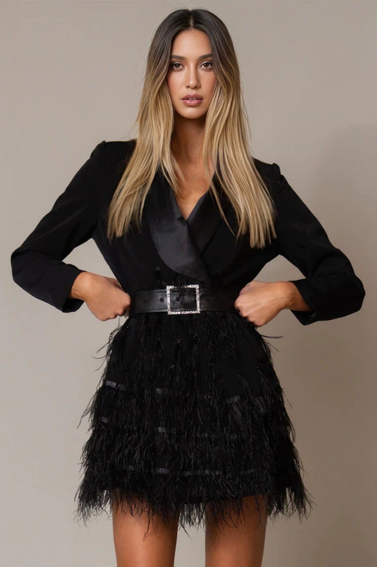 Teresa V-Neck Beaded Feather Patchwork Mini Dress - View 4