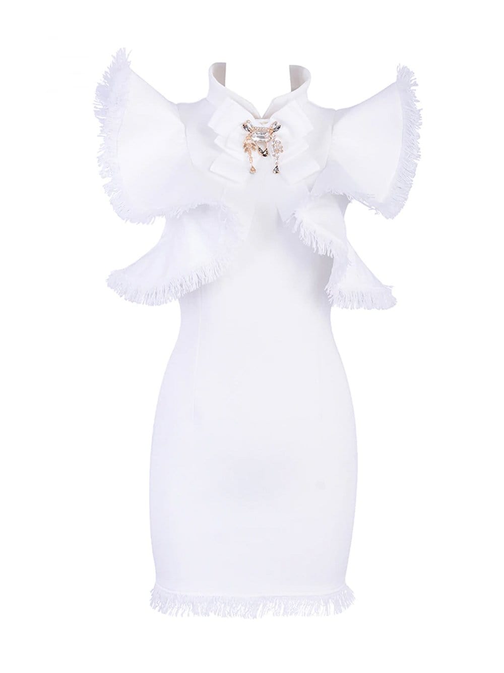 Mock Neck Frayed Ruffle Crystal Trim Bodycon Mini Dress 8