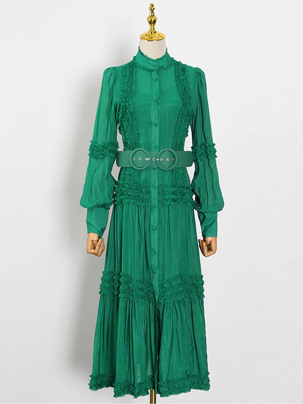 Ruffle Trim High Neck Long Sleeve Belted Tiered Maxi Dress 7