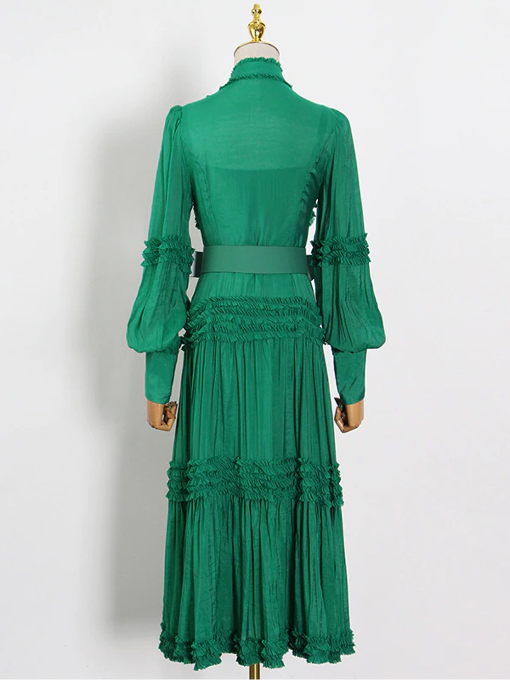 Ruffle Trim High Neck Long Sleeve Belted Tiered Maxi Dress 8
