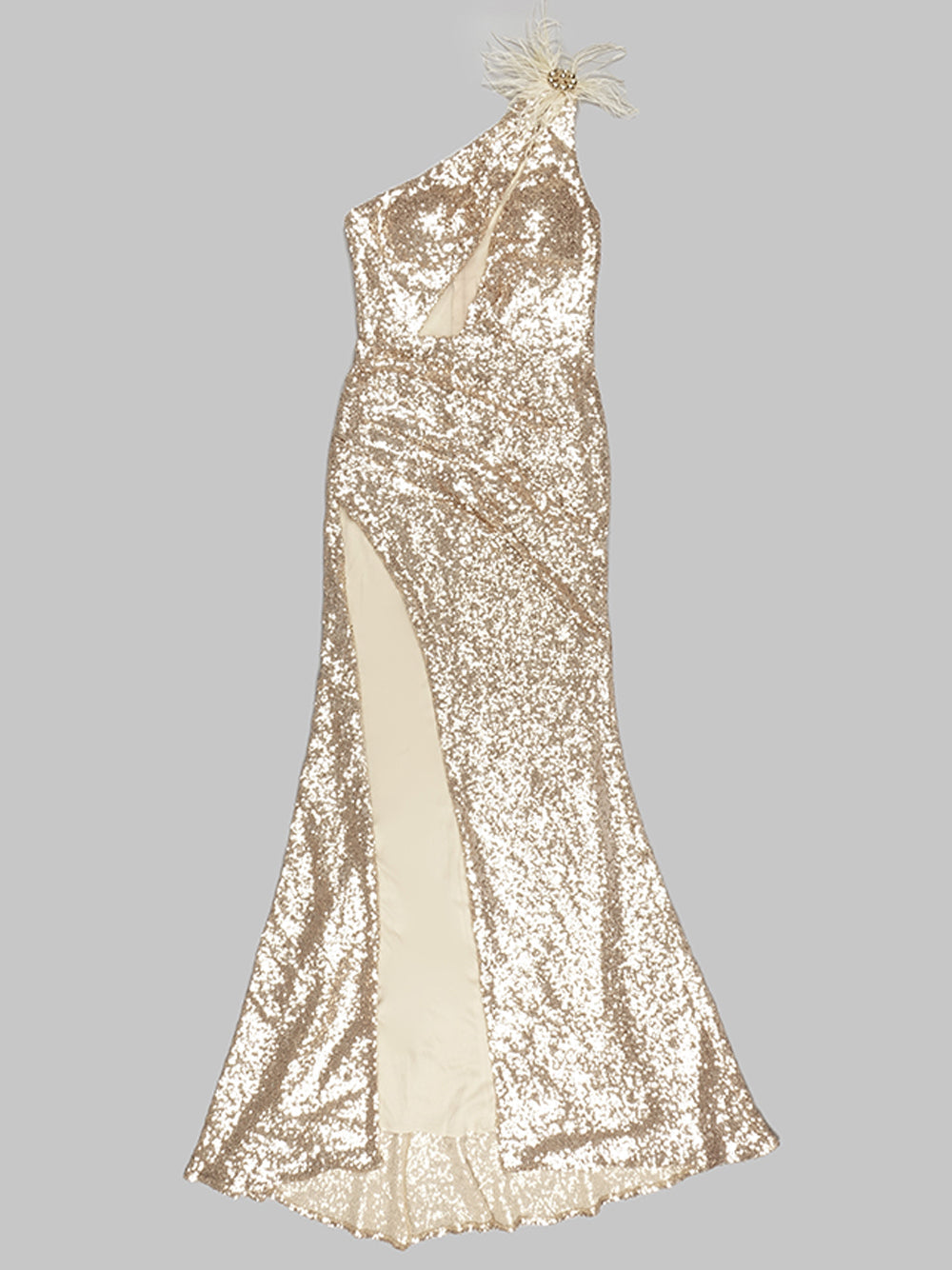 Sequin One Shoulder Feather Trim Cut Out High Split Maxi Gown - View 5