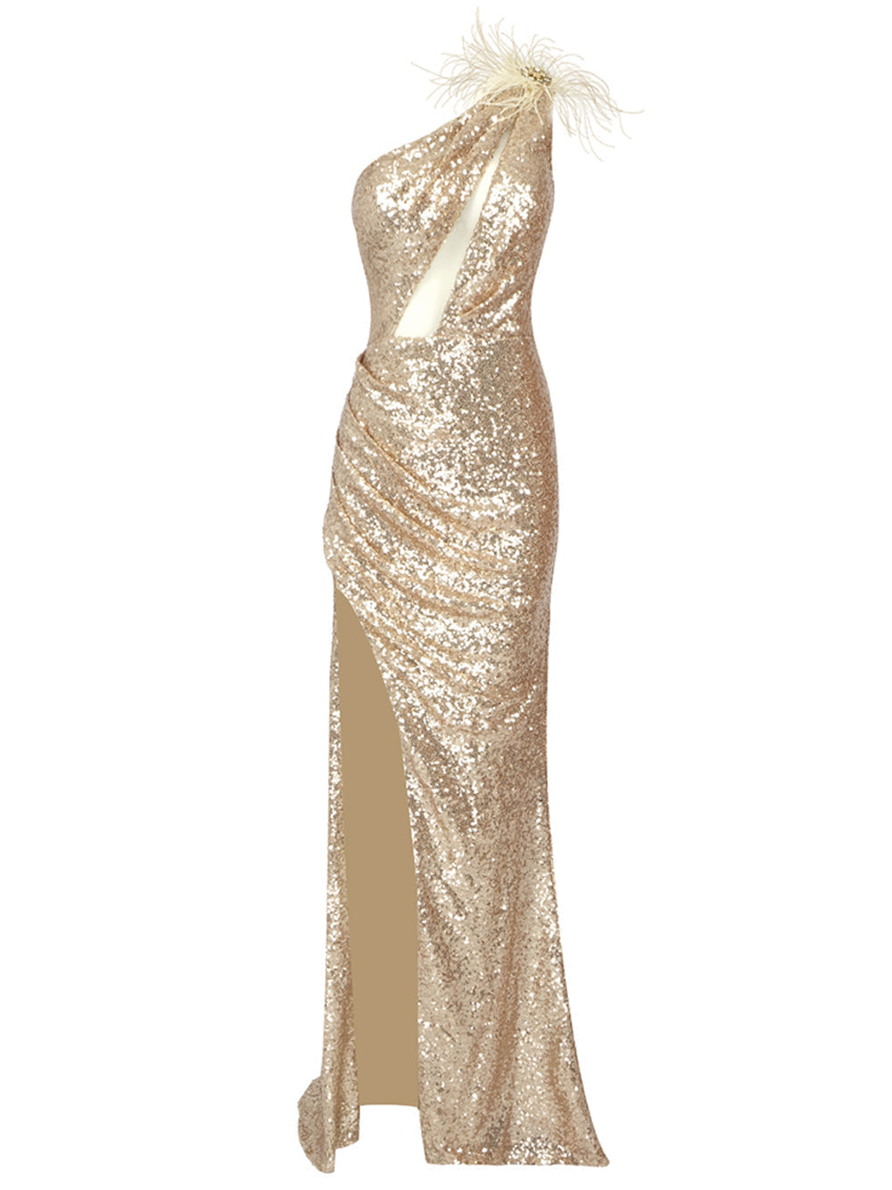Sequin One Shoulder Feather Trim Cut Out High Split Maxi Gown