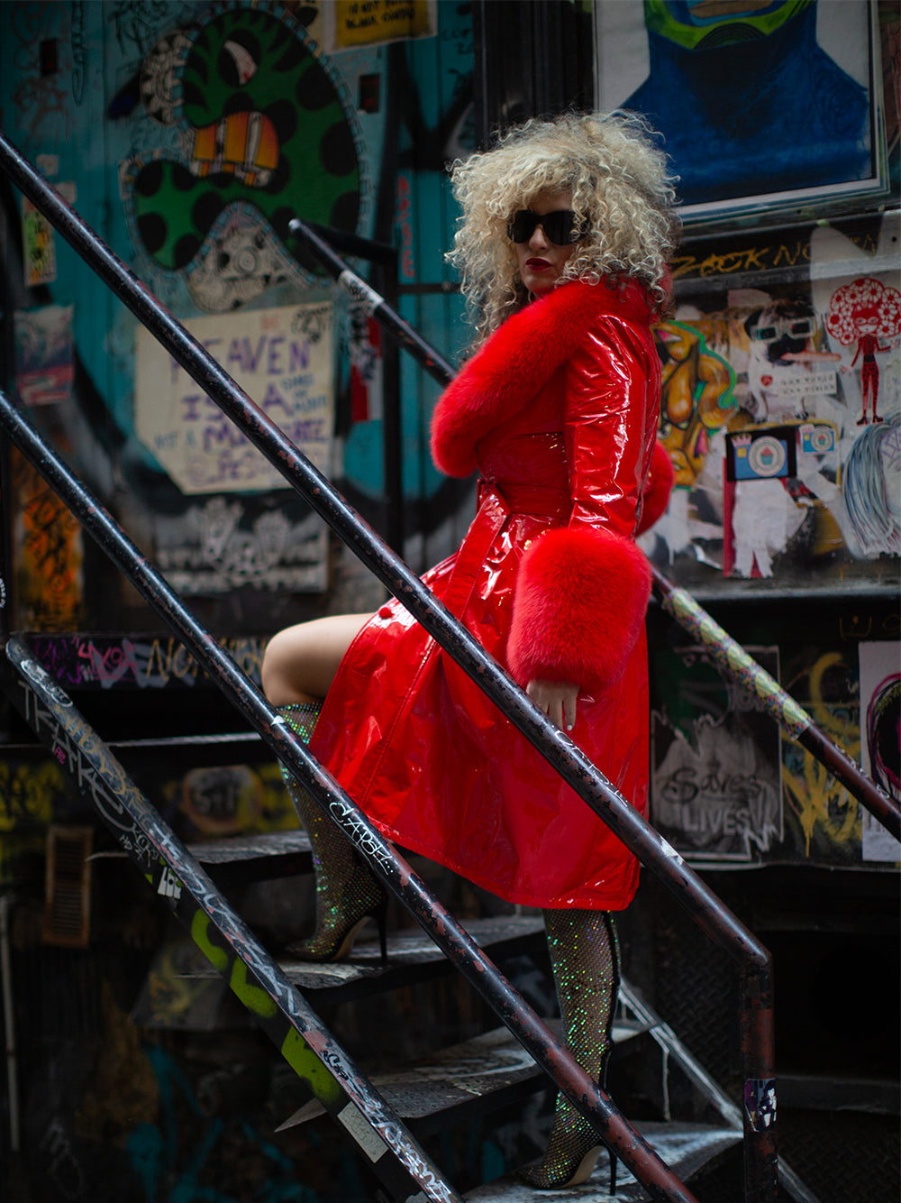 Patent Leather Coat w/ Fox Fur In Red 14