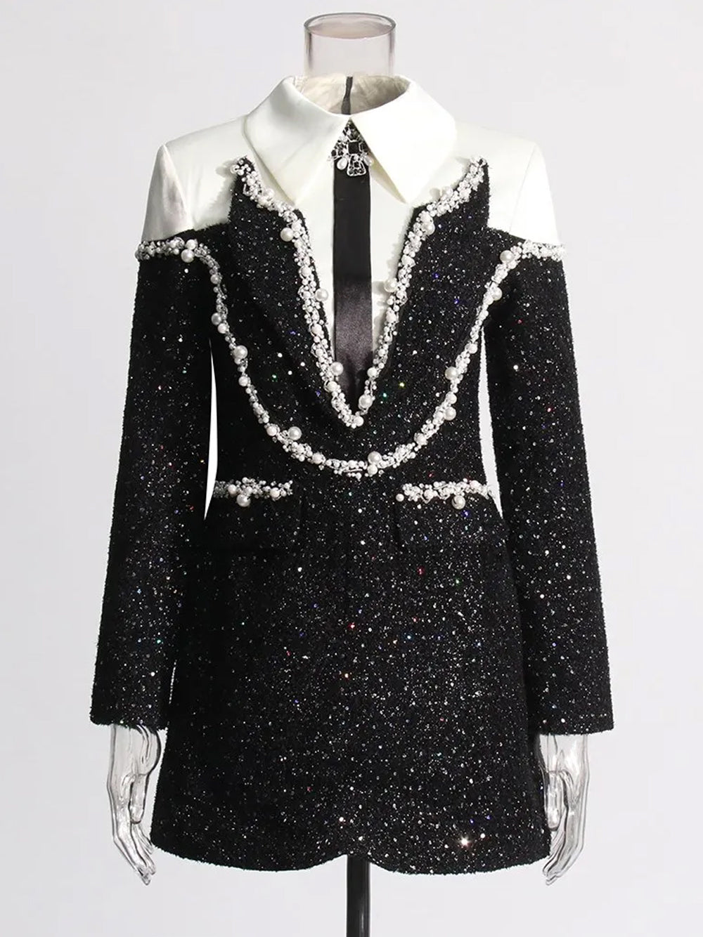 Sequin Pearl-Embellished Collared Long-Sleeve Bodycon Mini Dress 7