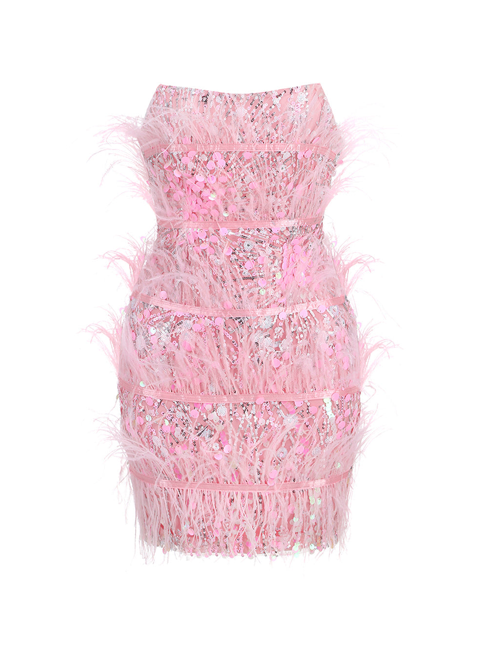 Sequin Feather Trim Strapless Tiered Bodycon Mini Dress