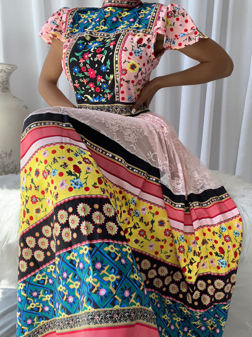 Patchwork Print High-Neck Flutter-Sleeve Lace Maxi Dress 5