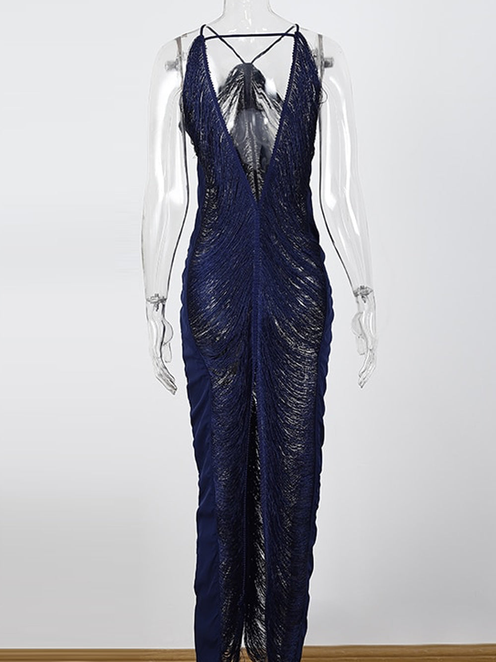 Tassel Fringe Halter Backless Bodycon Maxi Dress 21