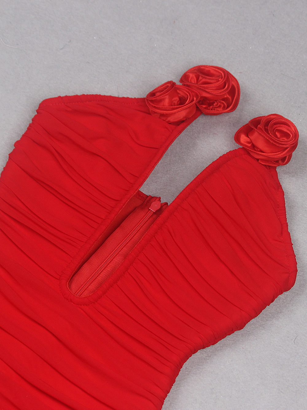 Ruched Halter Plunge Neck Rosette Bodycon Mini Dress 3