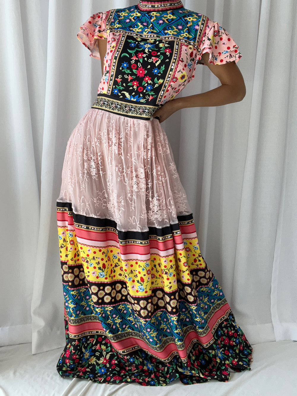 Patchwork Print High-Neck Flutter-Sleeve Lace Maxi Dress 4