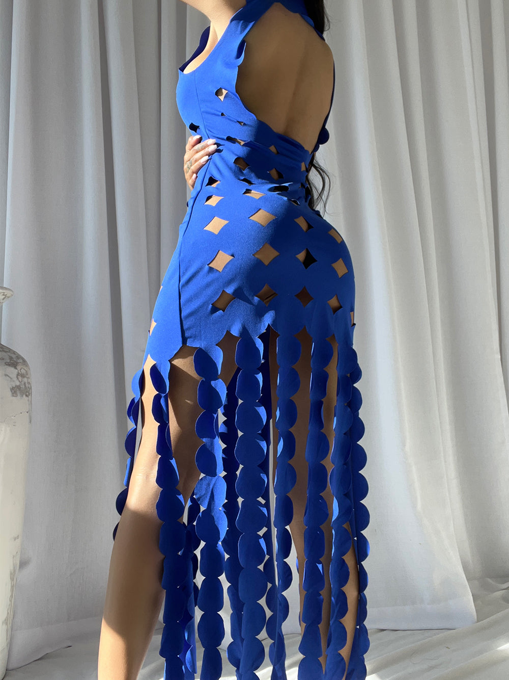 Laser-Cut Disc Cutout Halter Fringe Maxi Dress 2