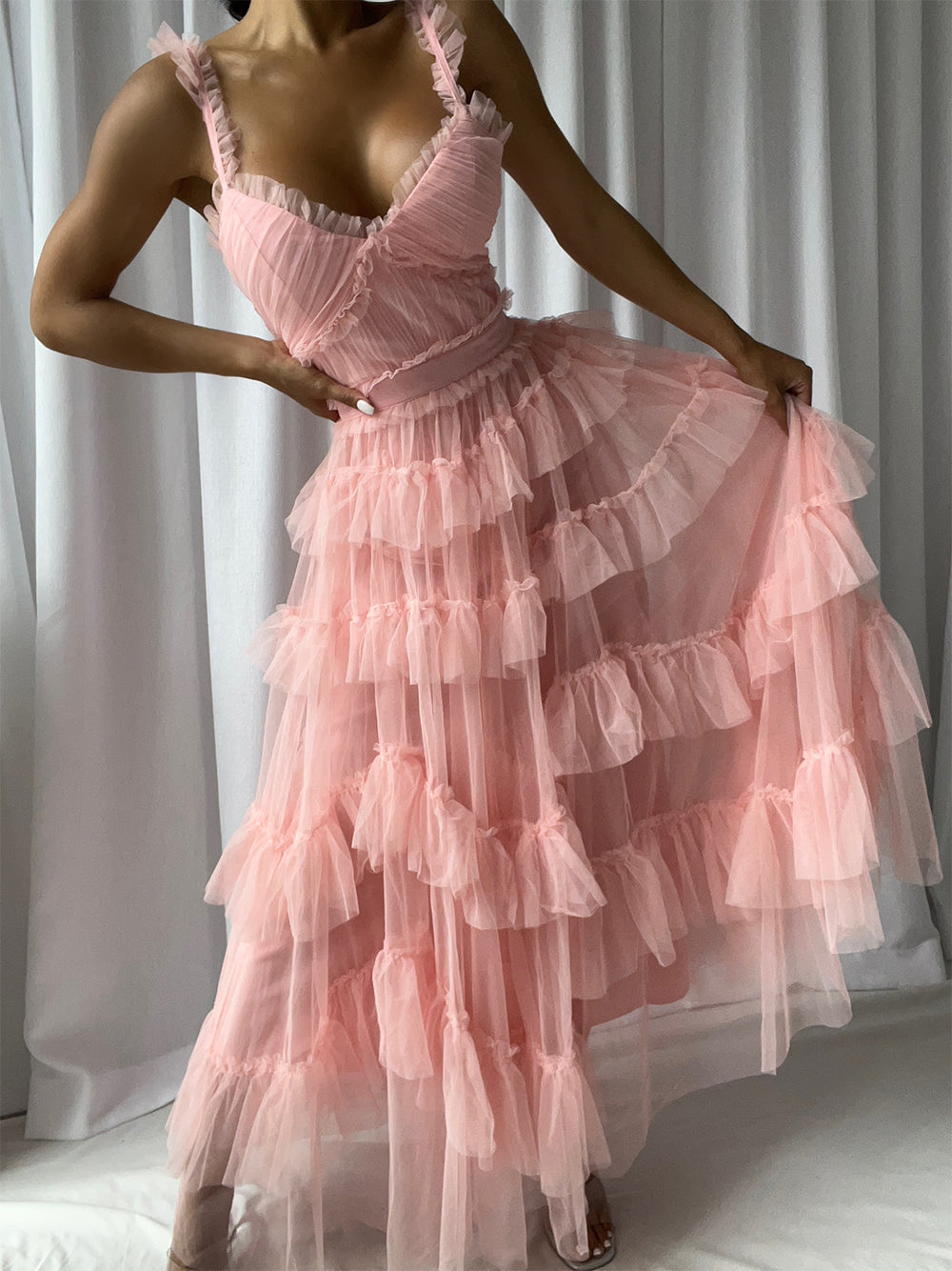 Tiered Ruffle Tulle Sweetheart Strappy Maxi Dress 4
