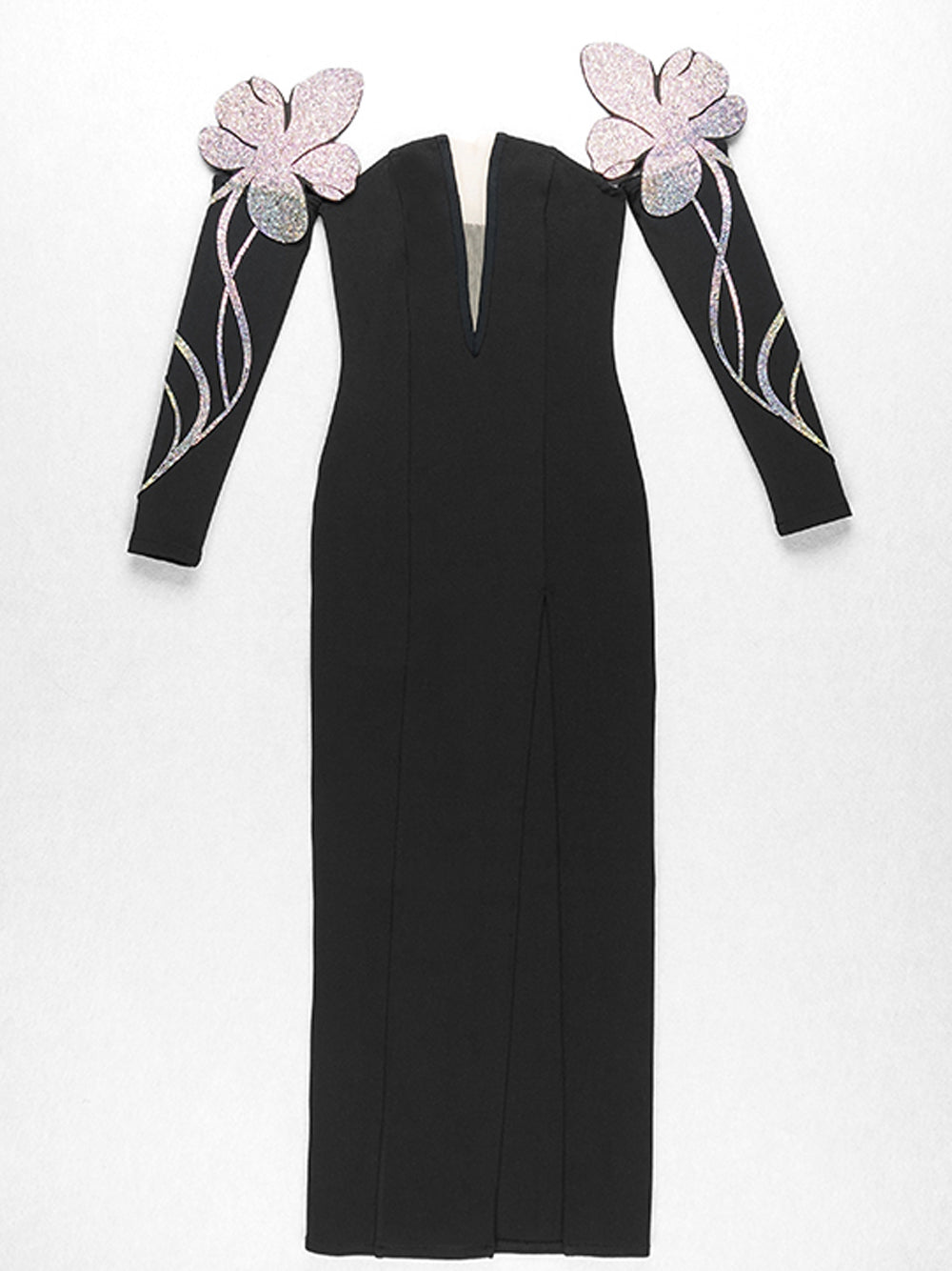 Crystal Floral Off Shoulder Long Sleeve High Slit Maxi Dress 7