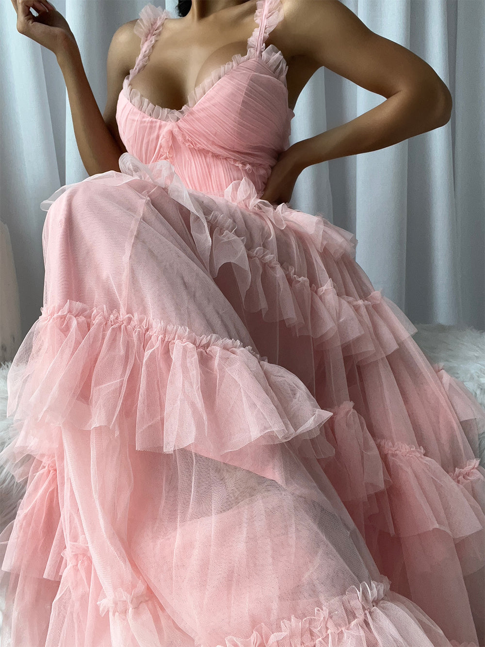 Tiered Ruffle Tulle Sweetheart Strappy Maxi Dress 5