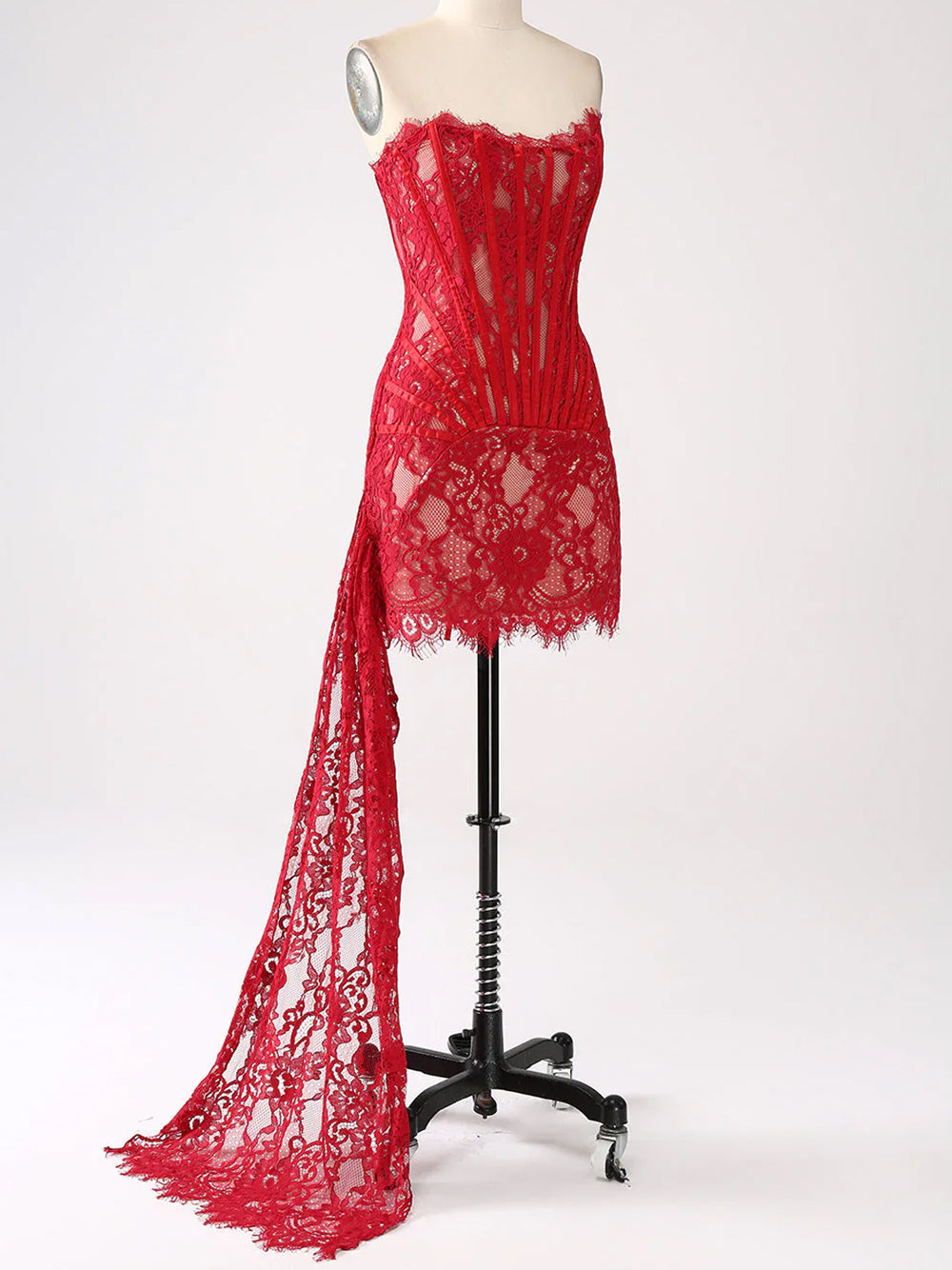 Strapless Eyelash Lace Corset Ruched Mini Dress 12