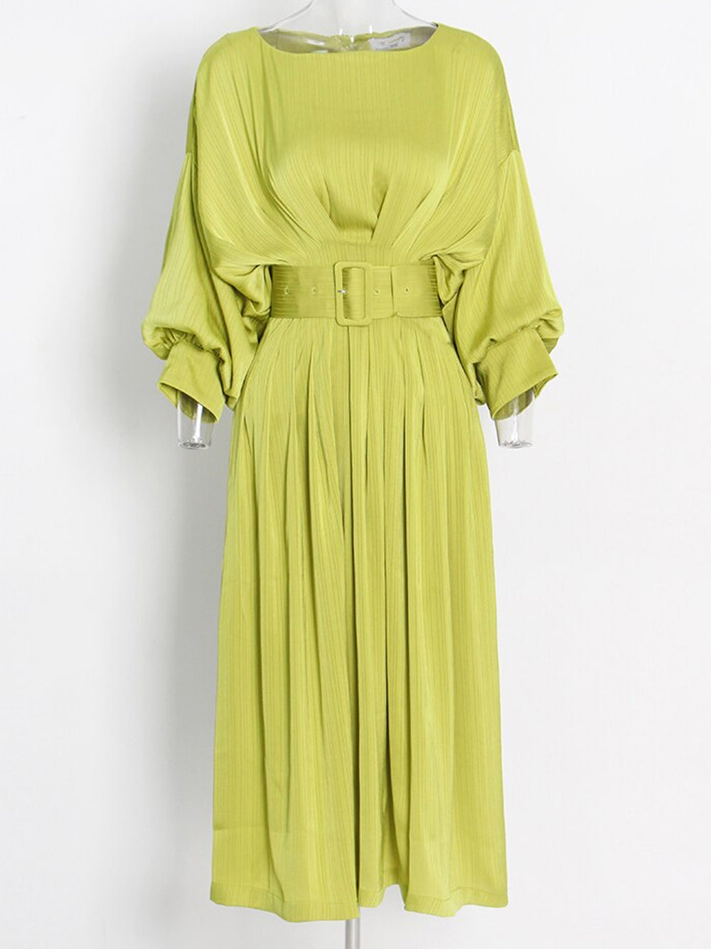 Boat Neck Long Sleeve Pleated A-Line Midi Dress 9