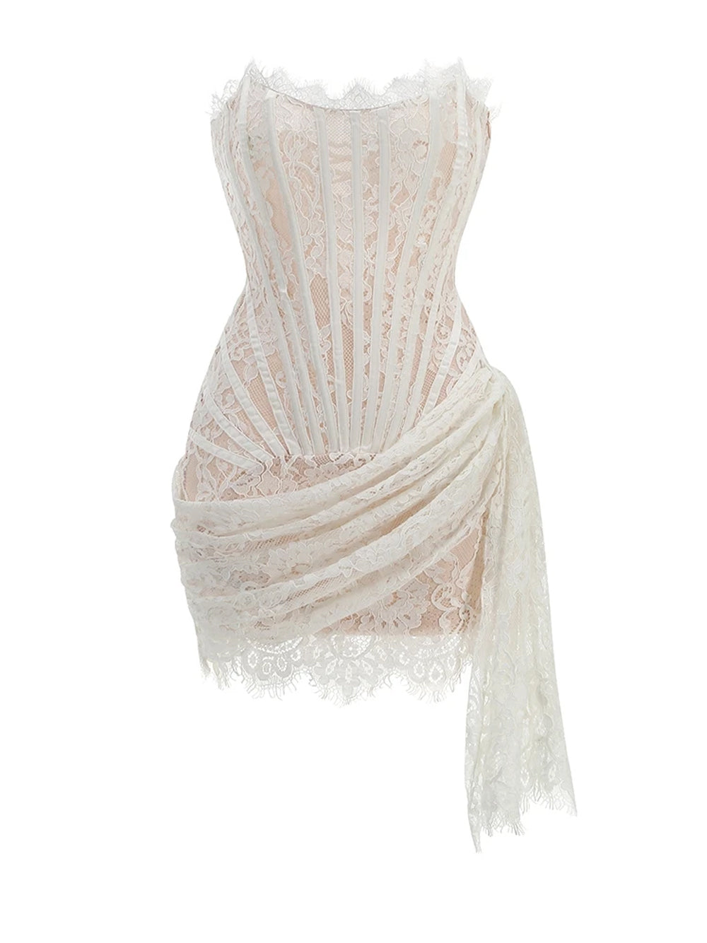 Strapless Eyelash Lace Corset Ruched Mini Dress 7