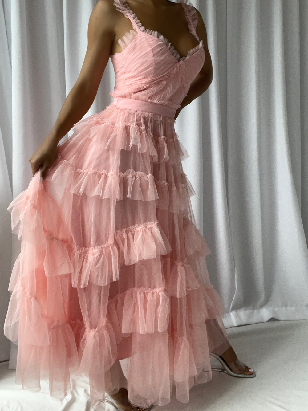 Tiered Ruffle Tulle Sweetheart Strappy Maxi Dress 2