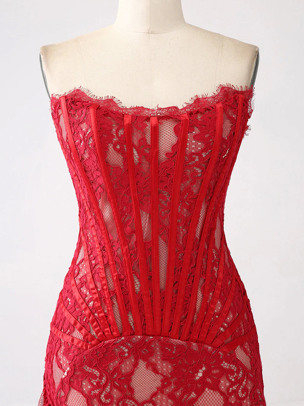 Strapless Eyelash Lace Corset Ruched Mini Dress 10