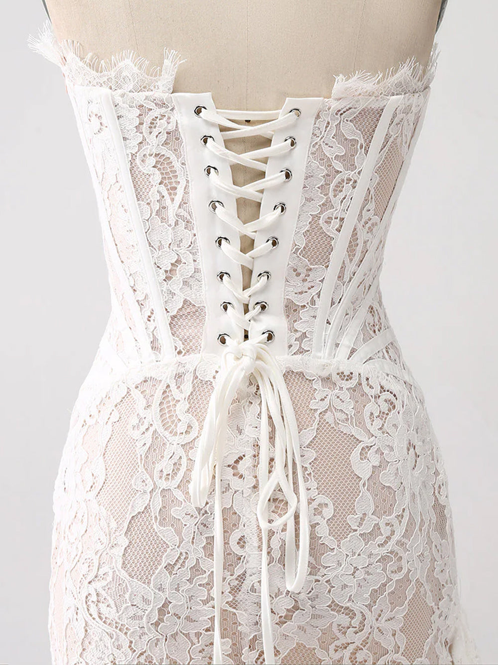 Strapless Eyelash Lace Corset Ruched Mini Dress 12