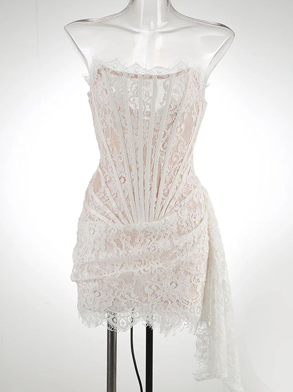 Strapless Eyelash Lace Corset Ruched Mini Dress 20