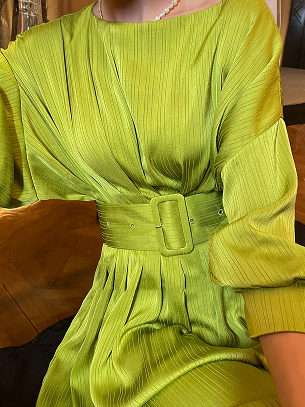Boat Neck Long Sleeve Pleated A-Line Midi Dress 6