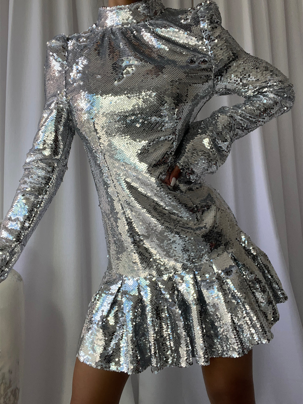Sequin High Neck Long Sleeve Ruffle Hem Mini Party Dress - View 4