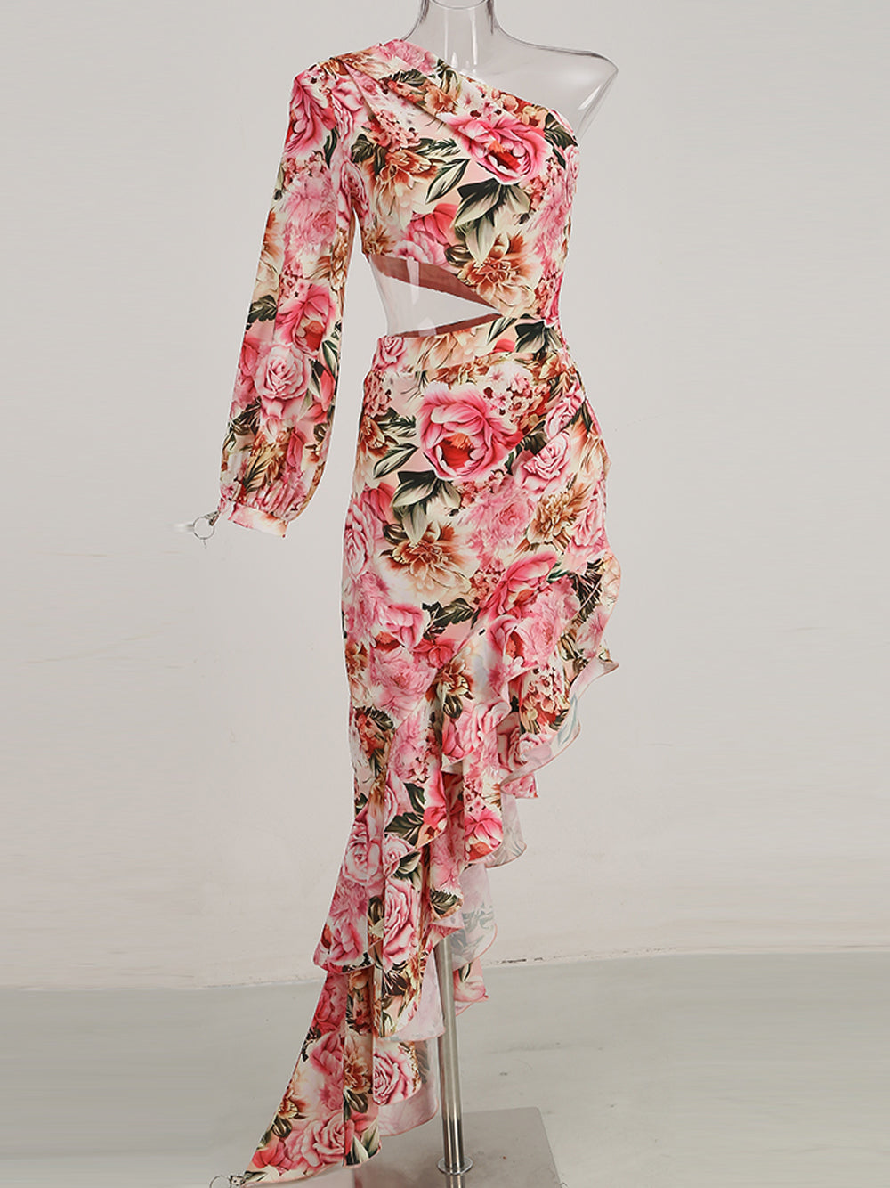 Floral Print One-Shoulder Cutout Ruffle Maxi Dress 10