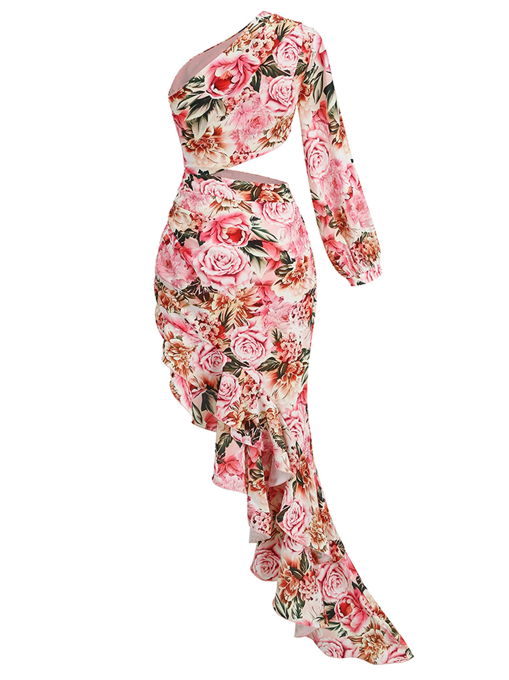 Floral Print One-Shoulder Cutout Ruffle Maxi Dress 6