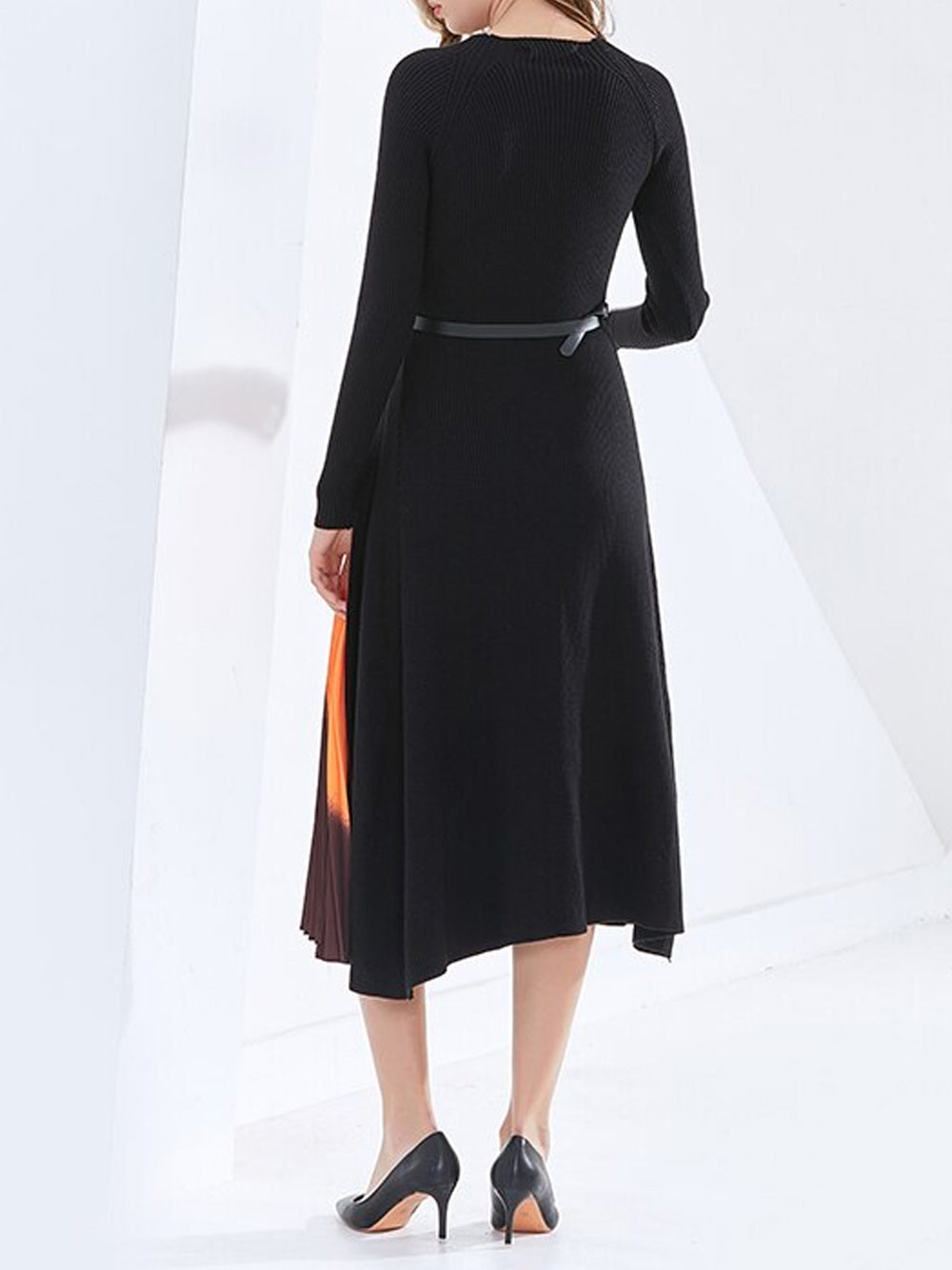 Ribbed-Knit Round-Neck Belted Pleated-Panel Maxi Dress 12