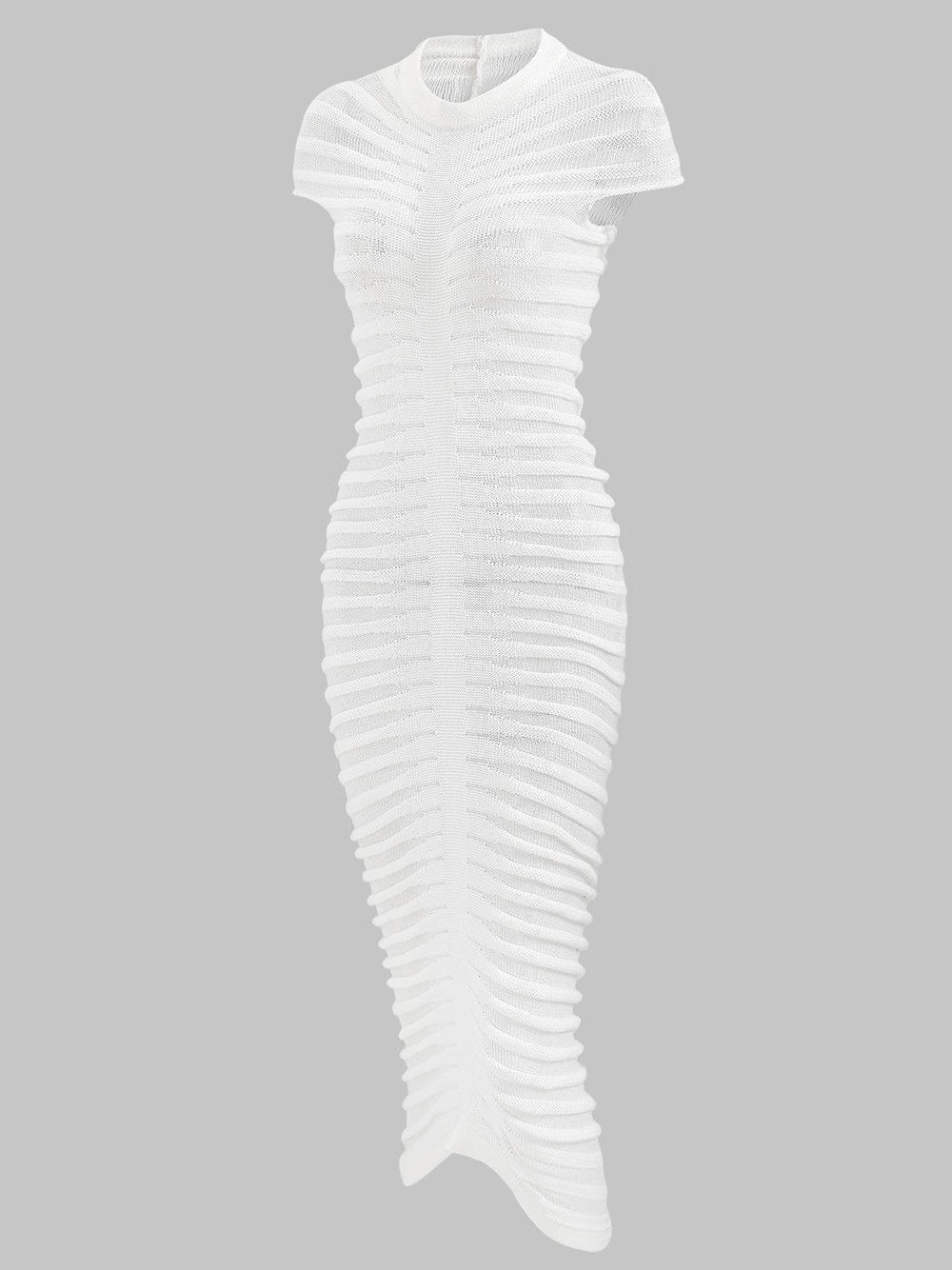 Knit Ribbed Semi Sheer Horizontal Stripe Bodycon Midi Dress - View 9