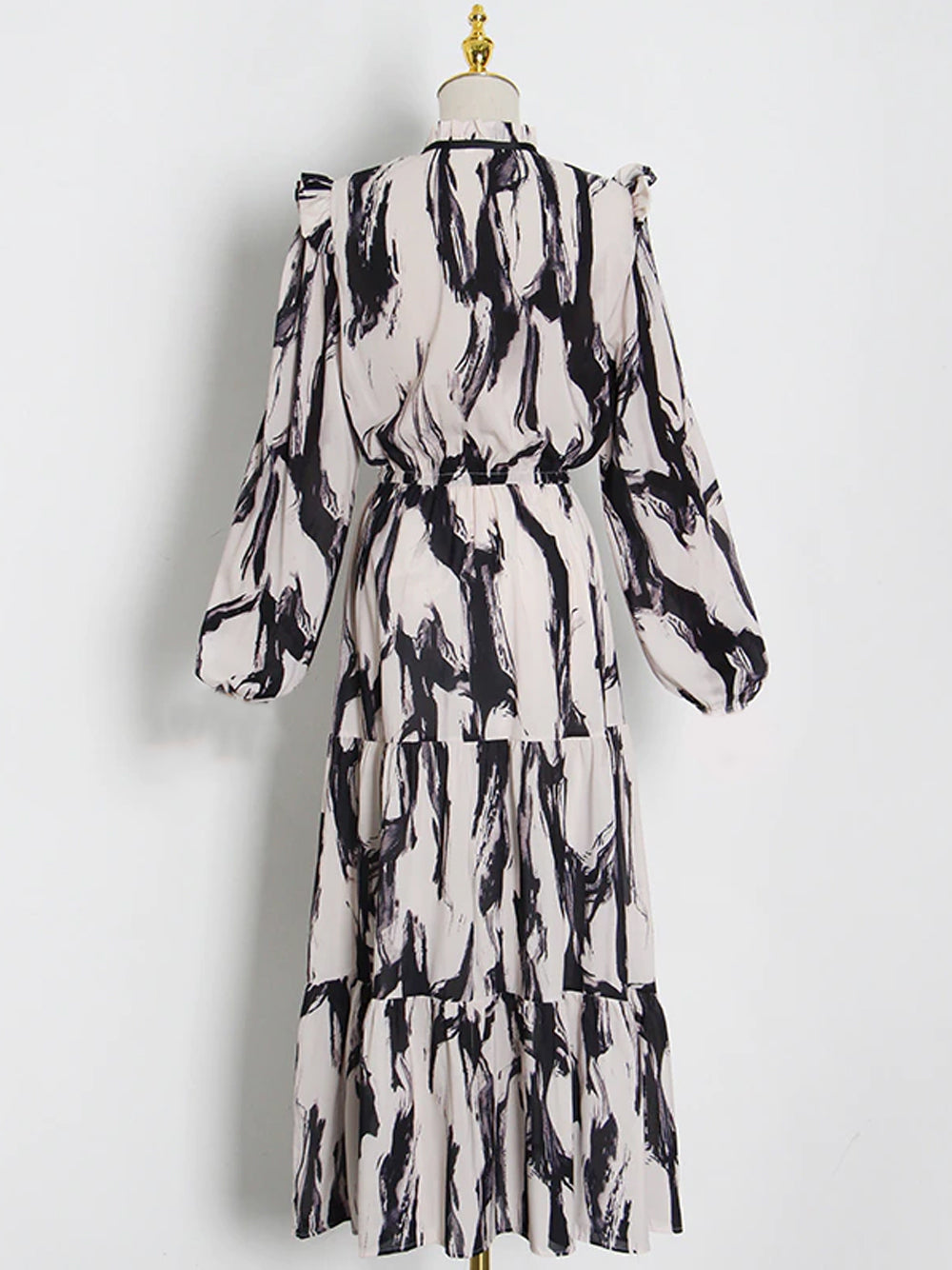 Printed Ruffle Neck Long-Sleeve Tiered Midi Dress 5