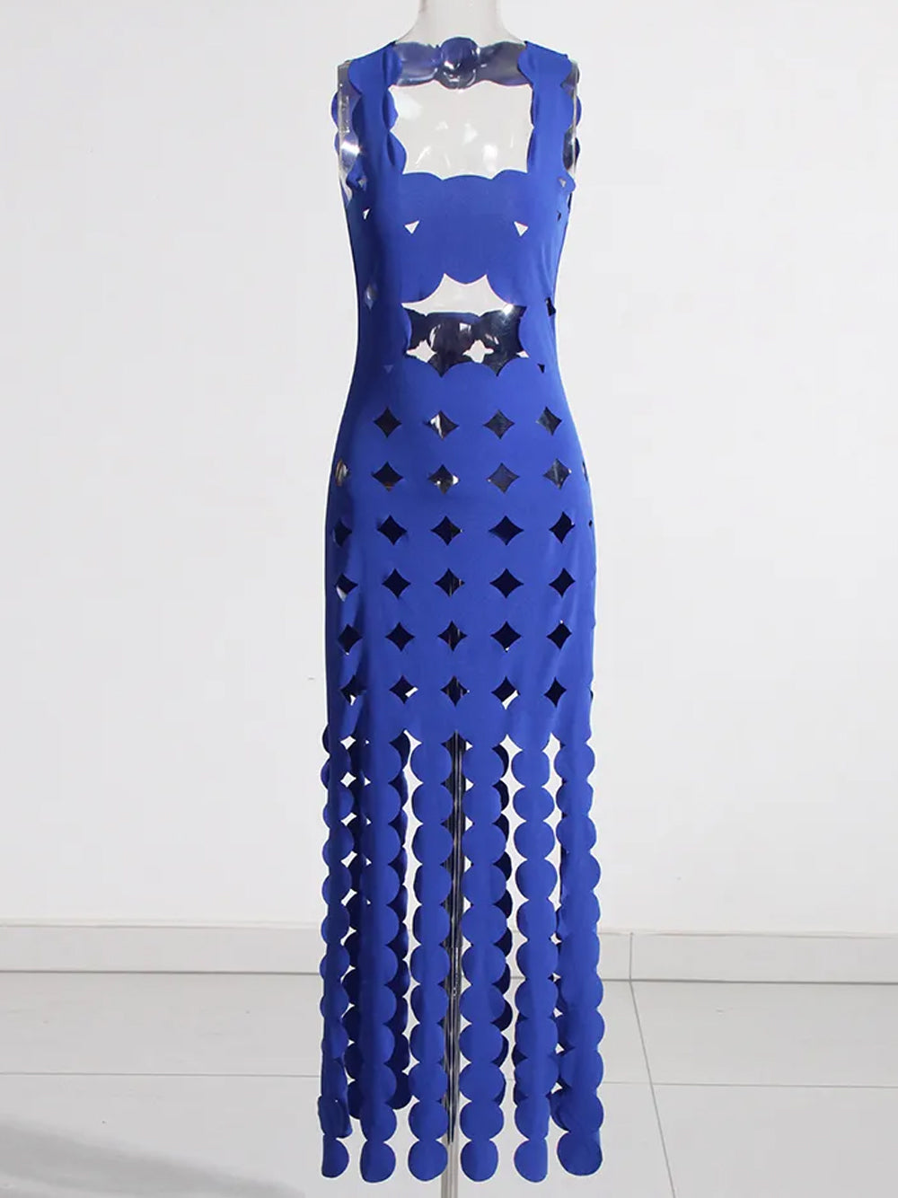 Laser-Cut Disc Cutout Halter Fringe Maxi Dress 6