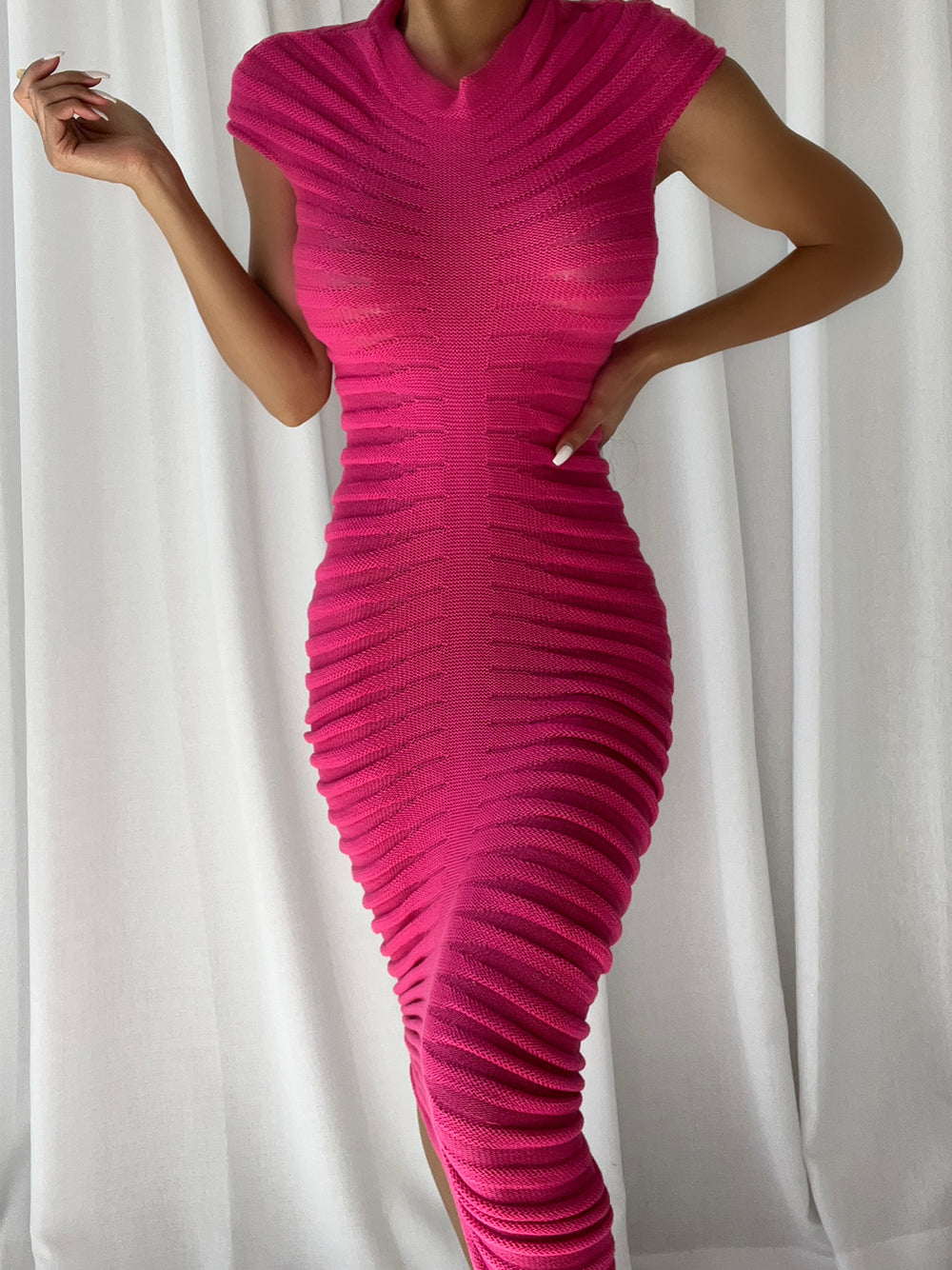 Ribbed Knit Mock Neck Cap Sleeve Bodycon Midi Dress - View 3