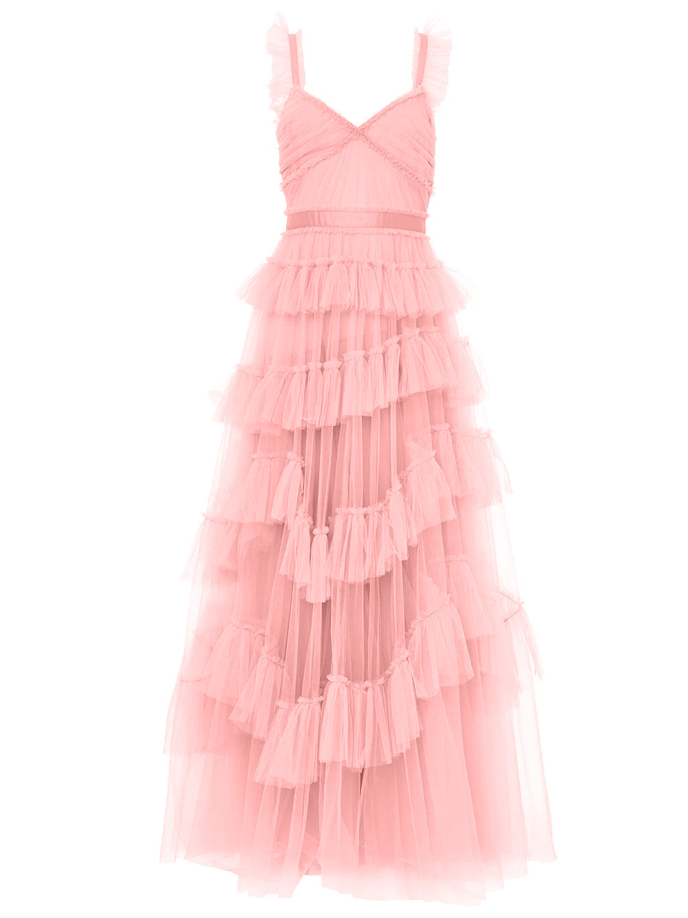 Tiered Ruffle Tulle Sweetheart Strappy Maxi Dress 7