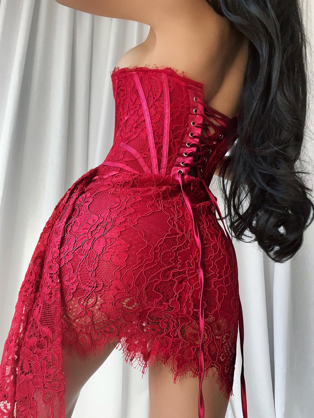 Strapless Eyelash Lace Corset Ruched Mini Dress 4