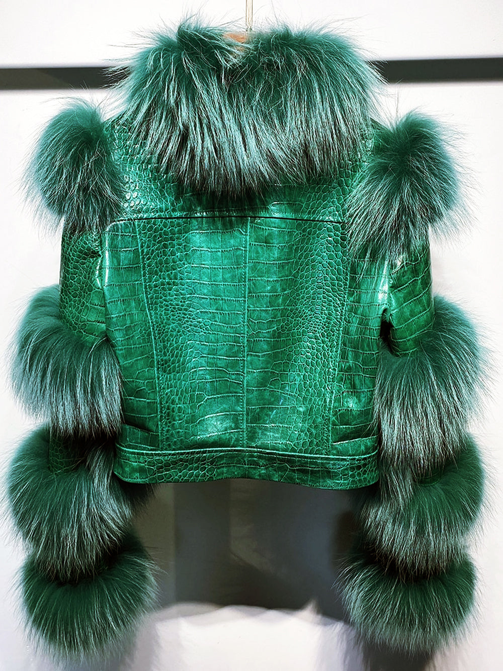 LITALY Fur Trim Leather Jacket in Dark Green 10