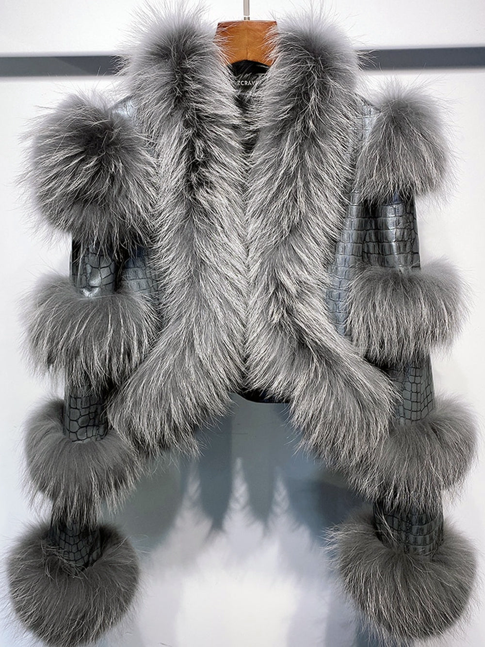 LITALY Fur Trim Leather Jacket in Gray 7