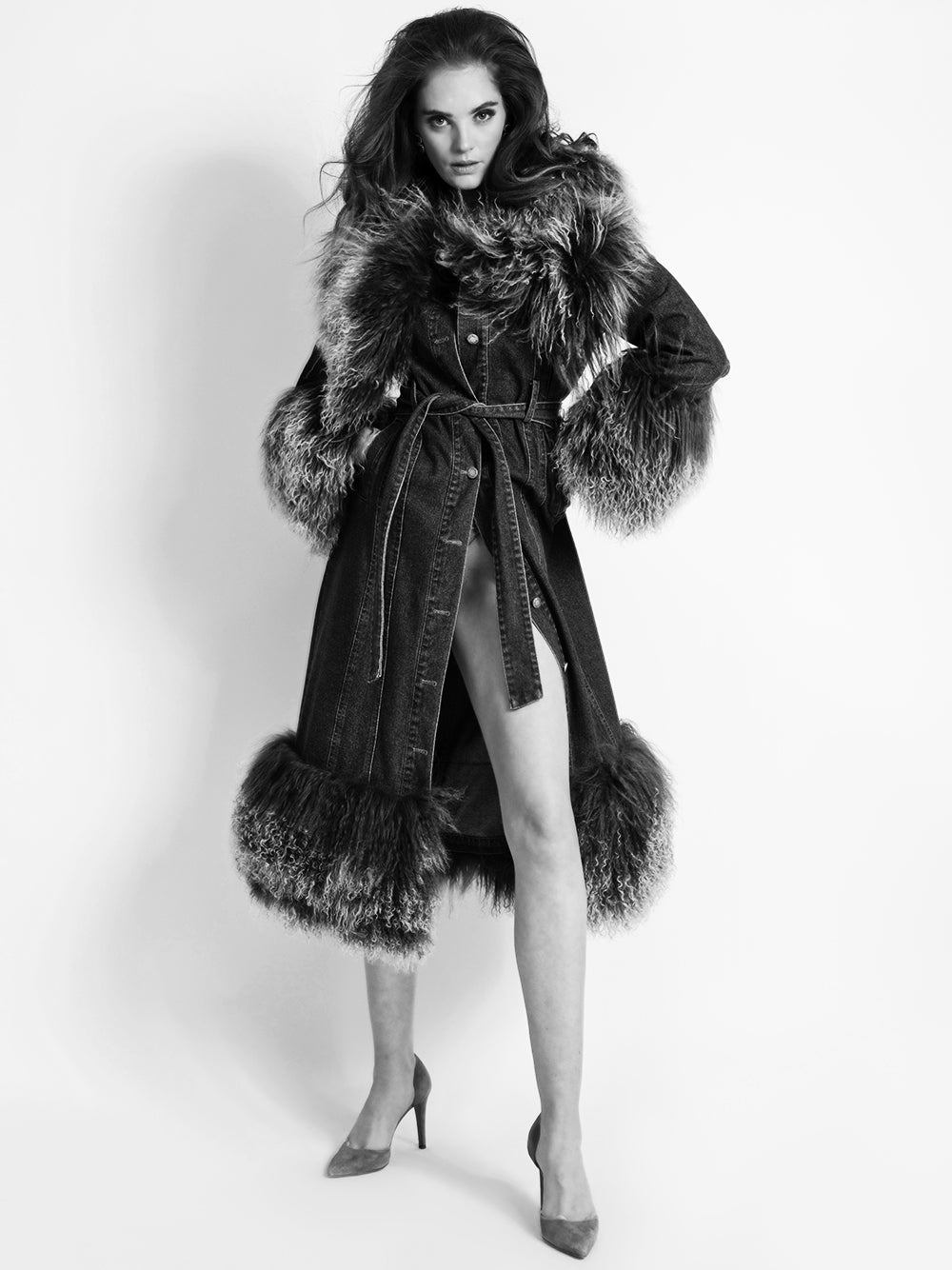 MEDUSA Denim Coat w/ Shearling Fur in Black 2