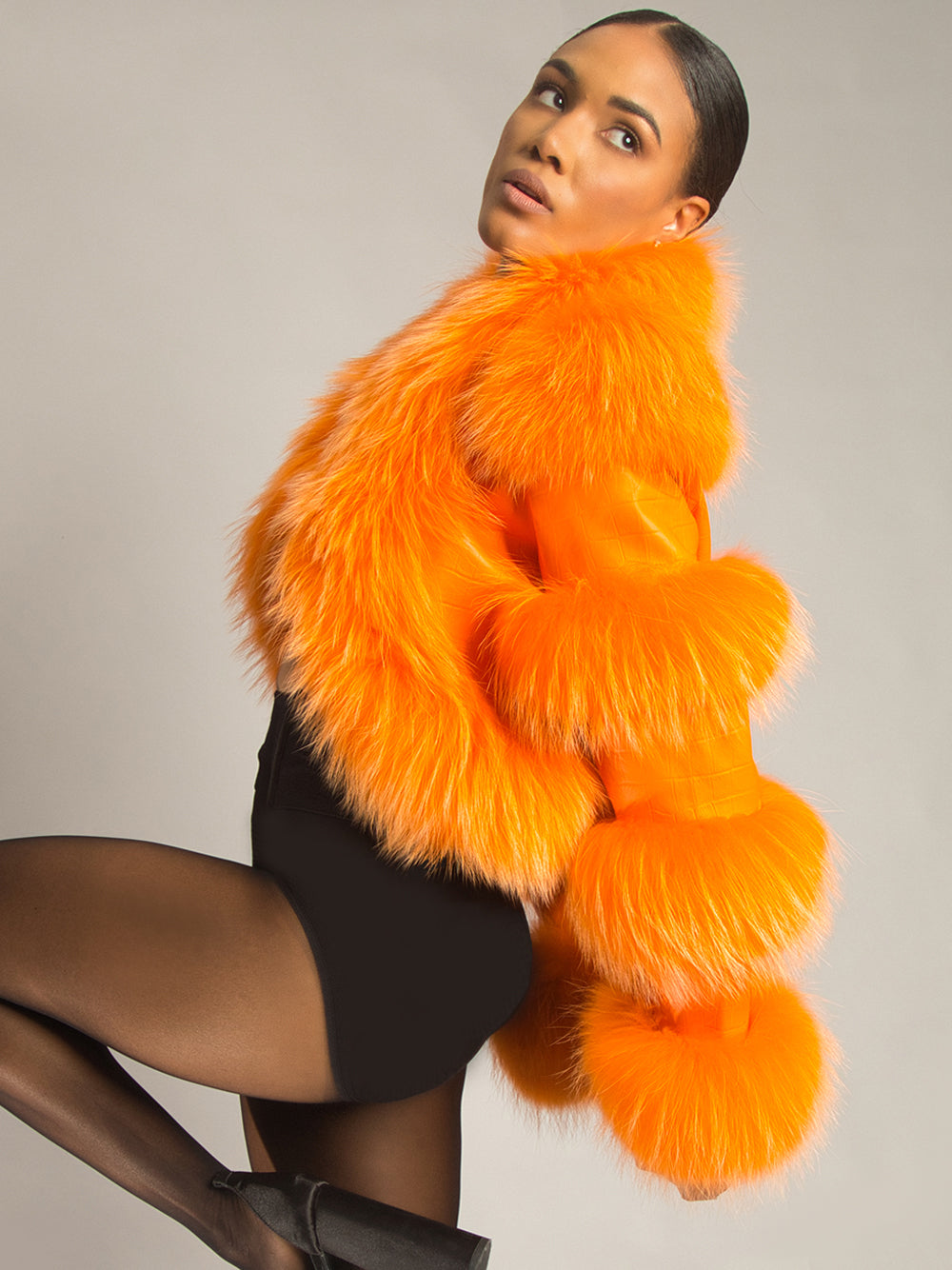 LITALY Fur Trim Leather Jacket in Orange 3