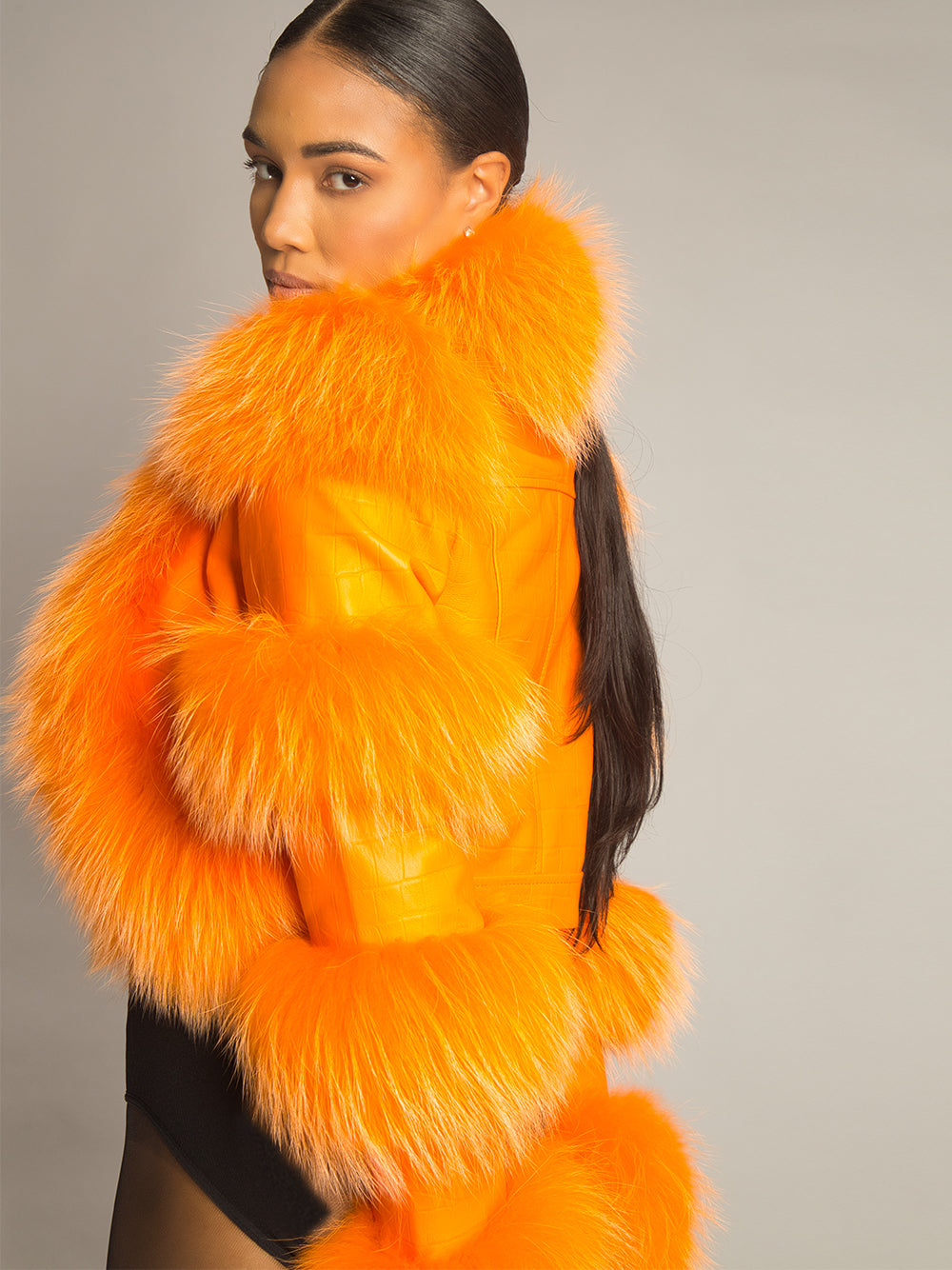 LITALY Fur Trim Leather Jacket in Orange 8